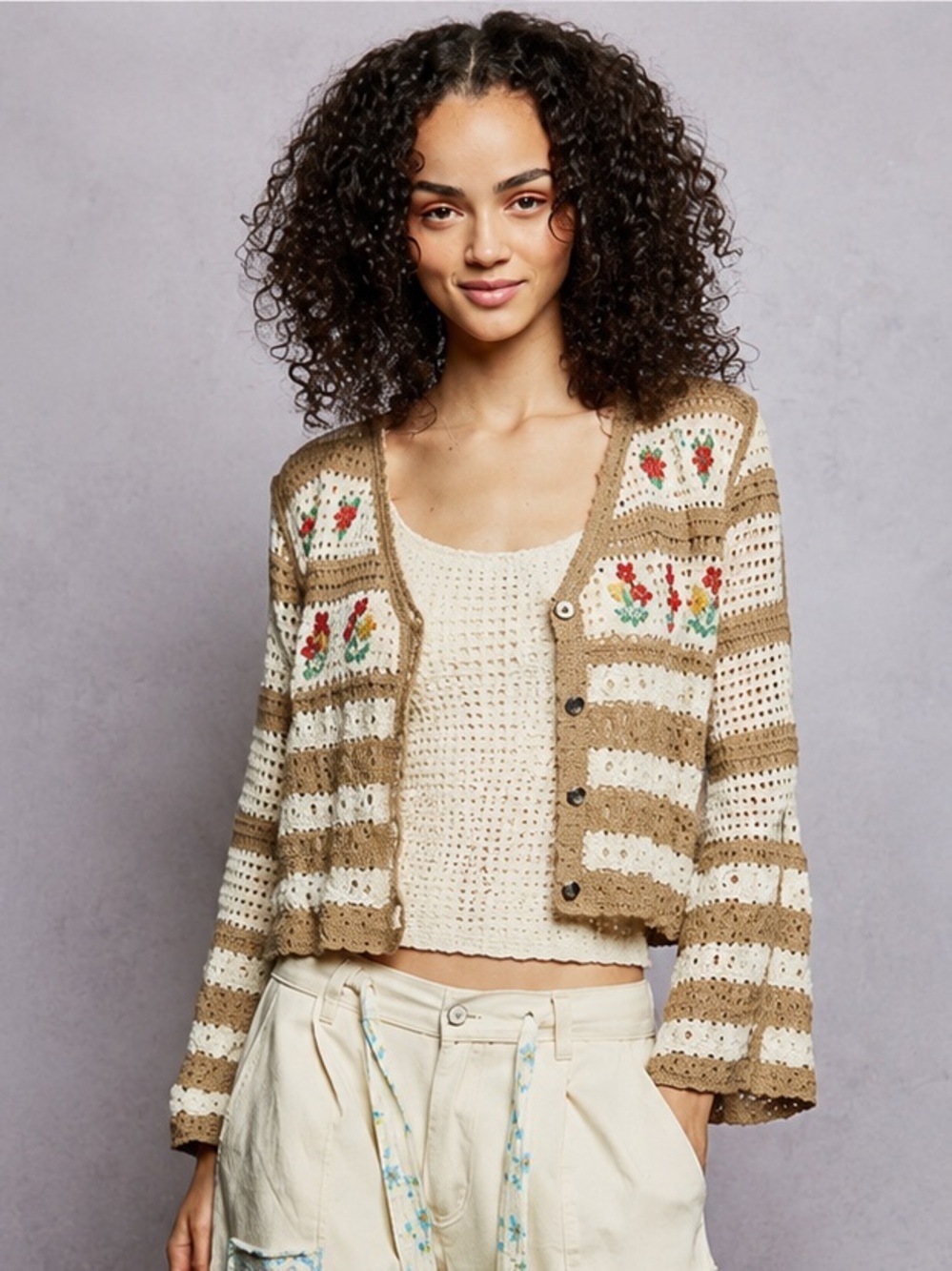 New POL Cream and Tan Crocheted Floral Stripe Button Cardigan Sweater ONE Sz
